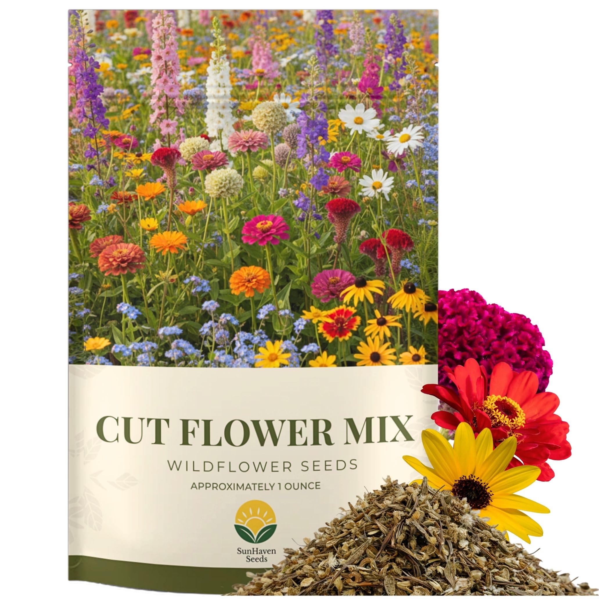 SunHaven Seeds cut flower mix package ready for sowing in sunlit beds for vibrant bouquets