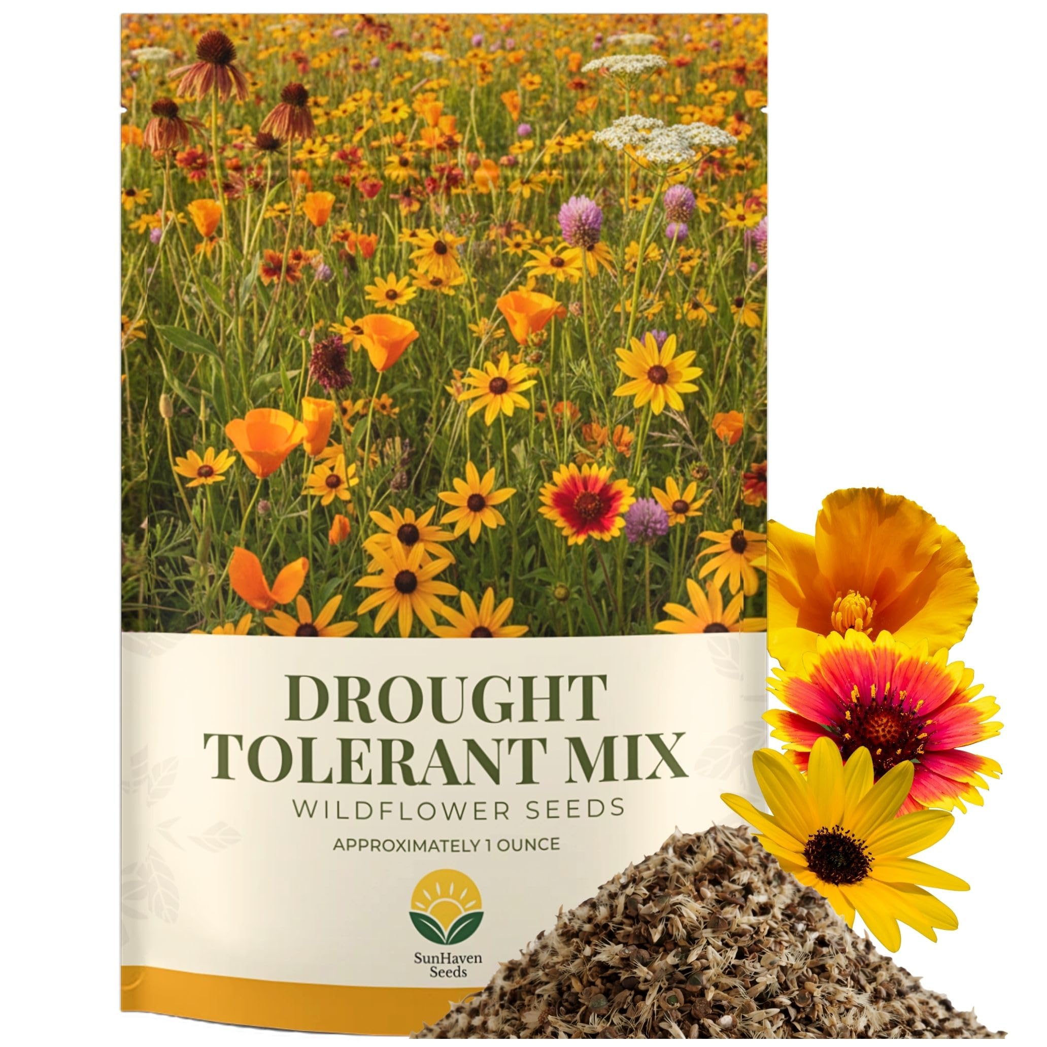 SunHaven Seeds drought-tolerant wildflower mix packet; perfect for water-wise landscapes.