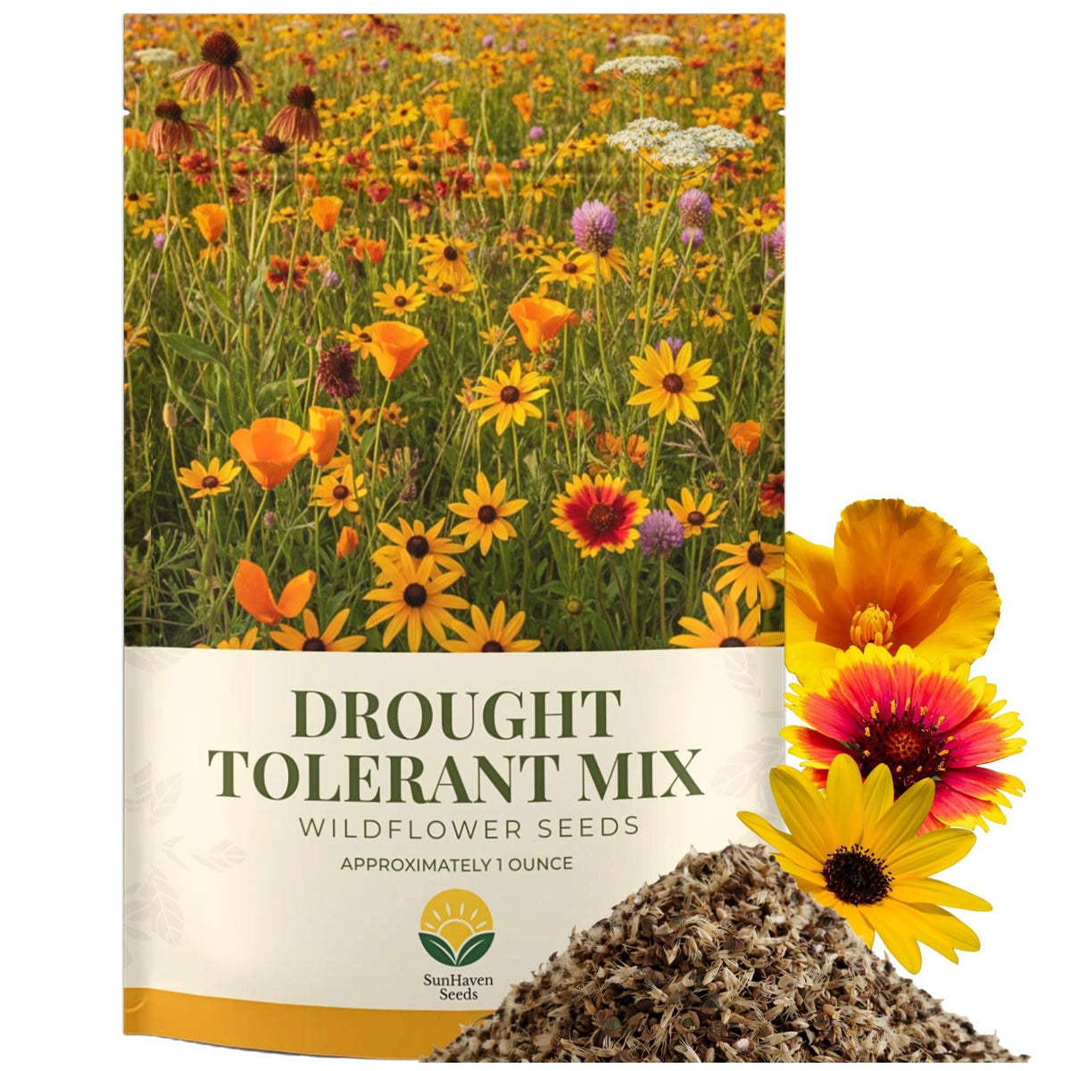 SunHaven Seeds drought-tolerant wildflower mix packet; perfect for water-wise landscapes.