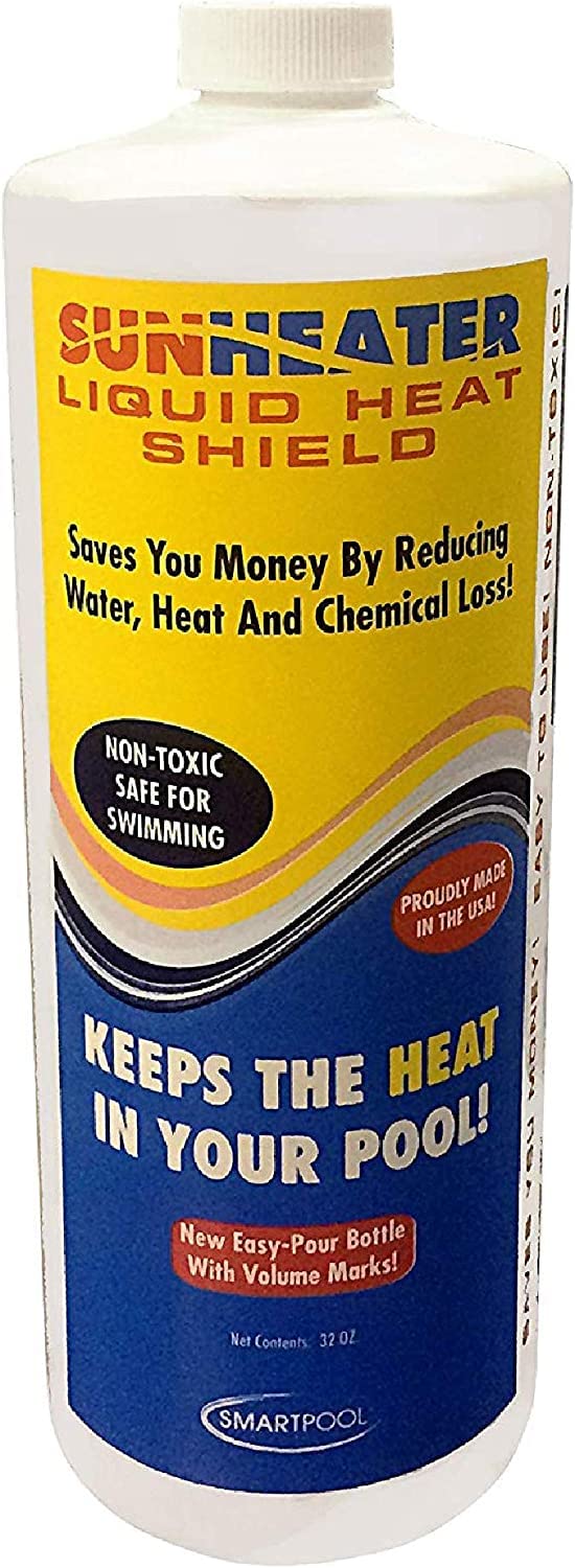 SunHeater Liquid Heat Shield bottle pour reduces evaporation for warmer water.