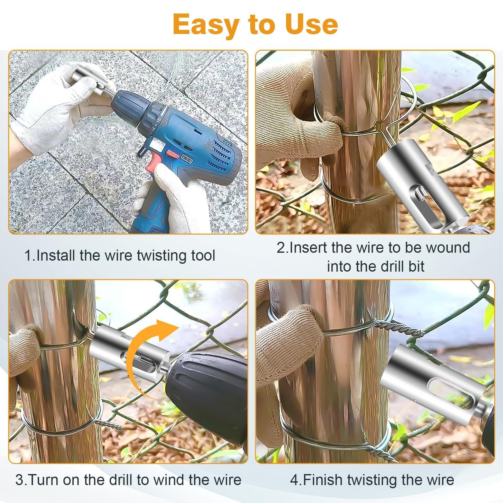 Sunjoyco fence-tie tool in action securing garden fence quickly.