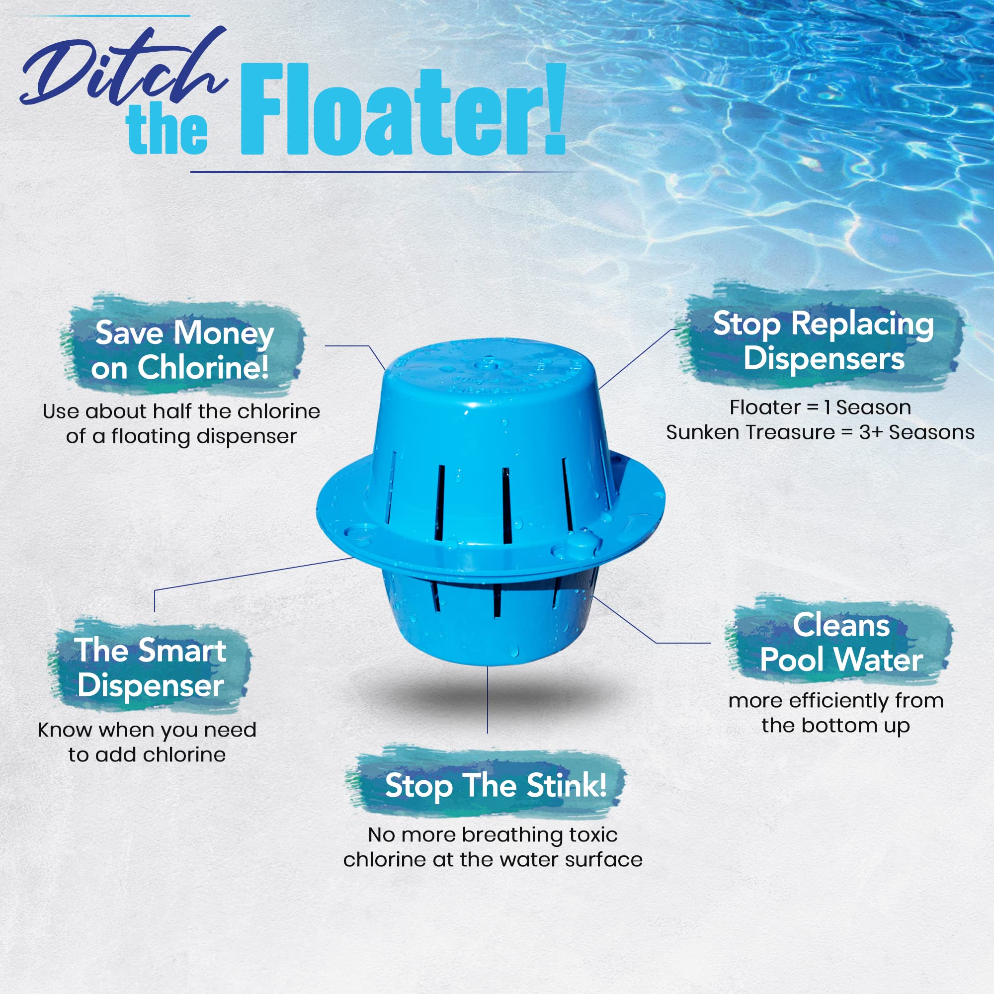 Sunken Treasure chlorine-tab-inside-dispensor shows deep-water cleaning efficiency.
