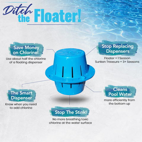Sunken Treasure chlorine-tab-inside-dispensor shows deep-water cleaning efficiency.