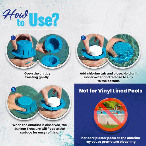 Sunken Treasure deep end chlorine tab usage demonstrates optimal dosing for larger pools.