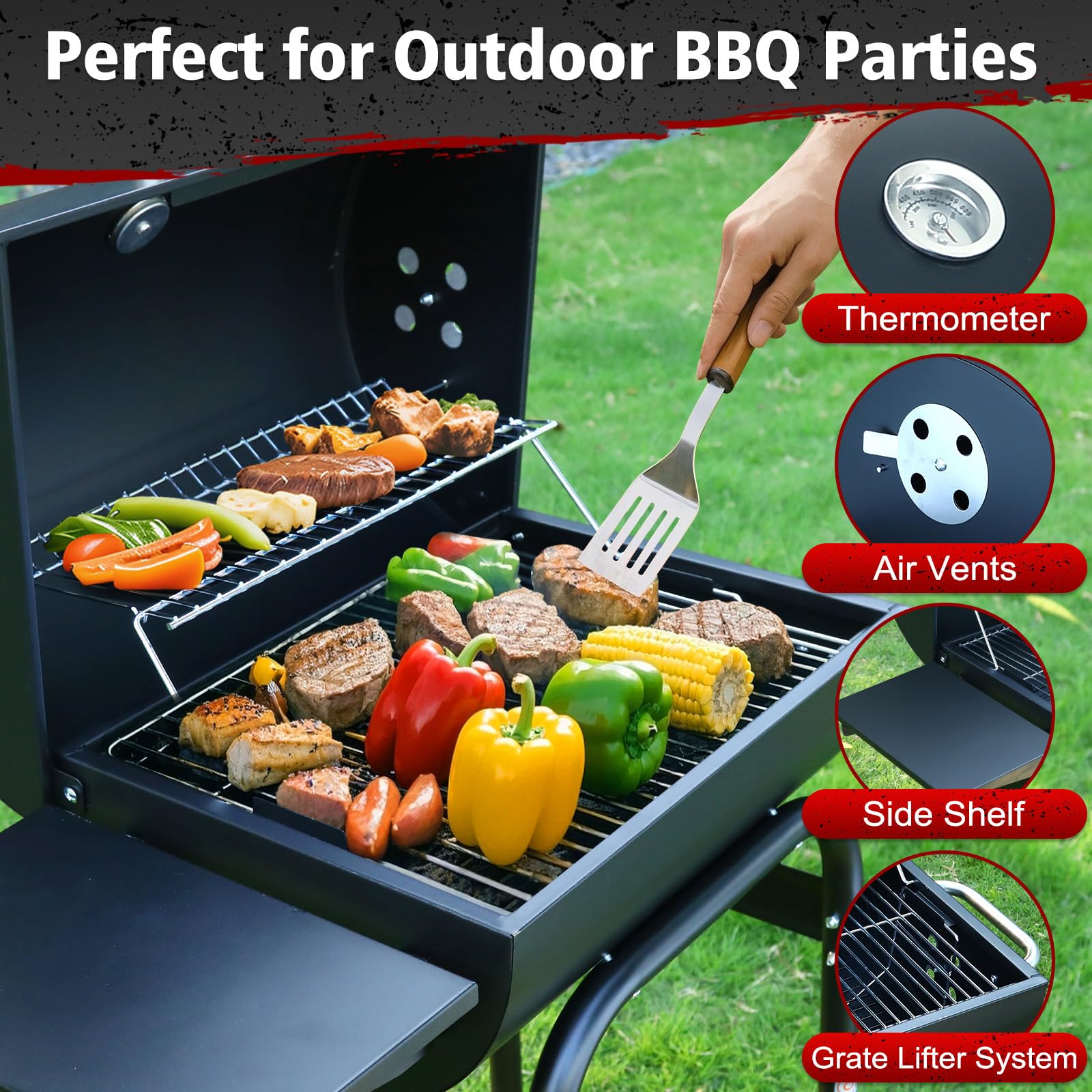 SUNLIFER Barrel Grill warming rack keeps food warm during serving.