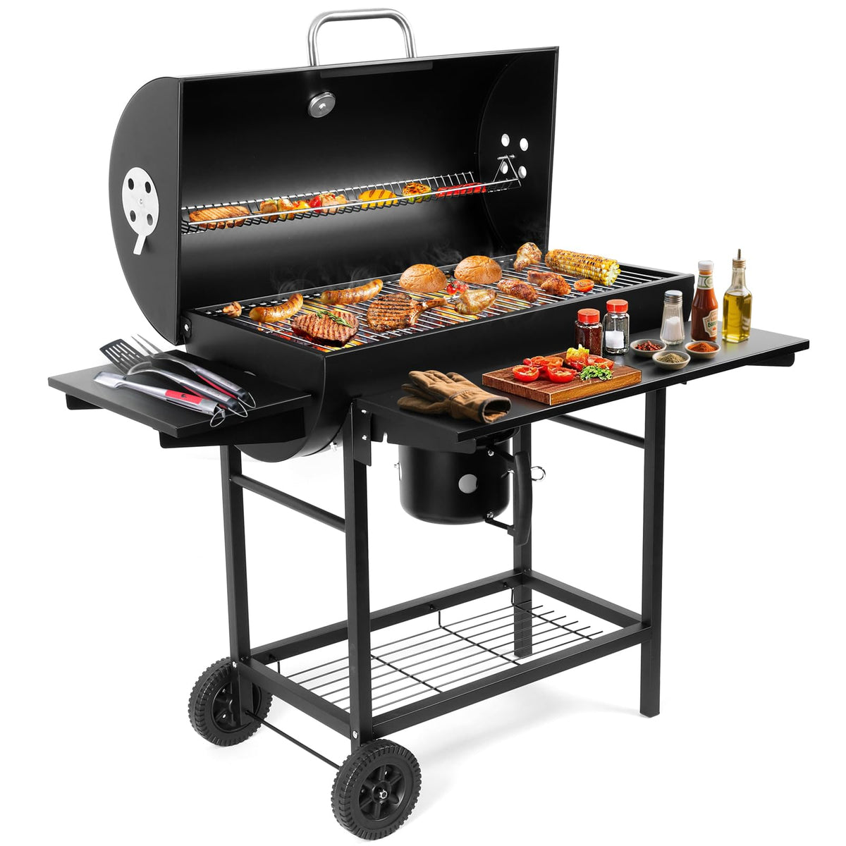 SUNLIFER charcoal barrel grill with expansive surface for feeding 5–6 guests