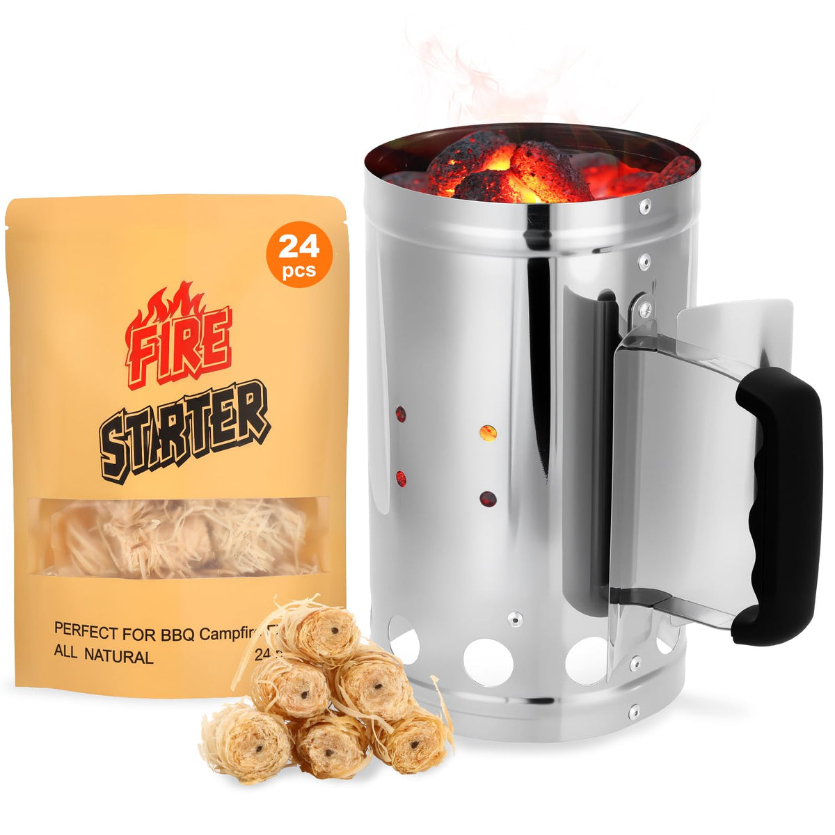 SUNLIFER charcoal chimney starter front view in stainless steel for durable ignition