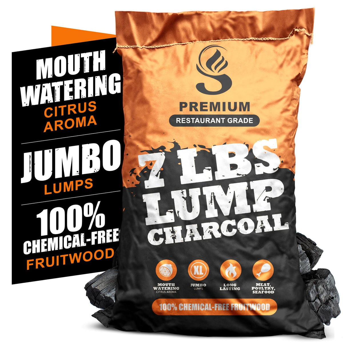 Sunlight Charcoal jumbo lump pieces for consistent heat and even searing.