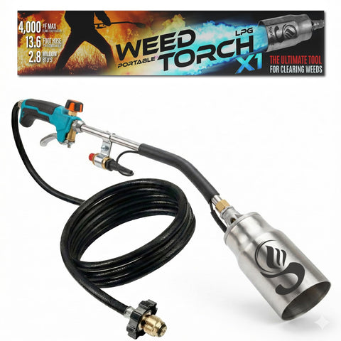 Sunlight Charcoal propane torch with 13 ft hose for extended weed control.