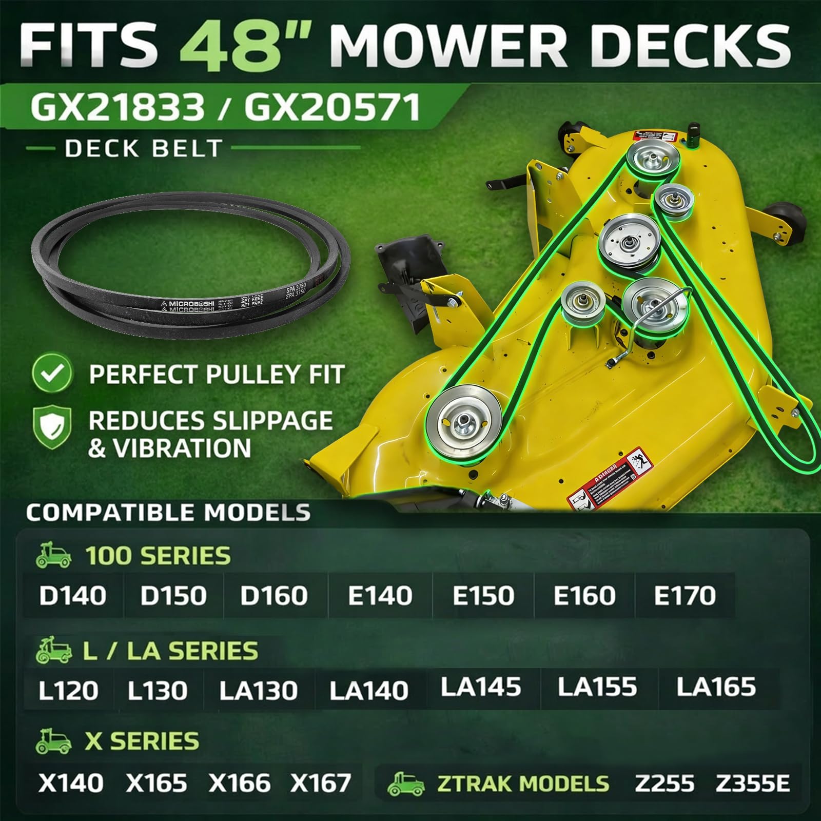 Sunluway 48-inch deck belt on pulley demonstrates proper alignment for smooth mowing.