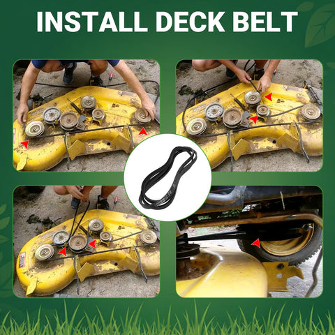 Sunluway deck belt side view emphasizes correct tension for reliable mower performance.