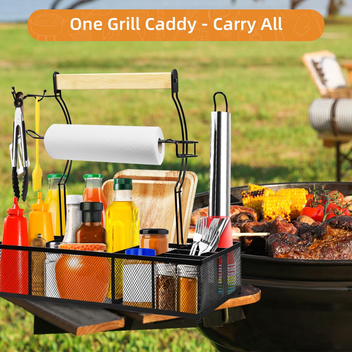 Sunmeg Grill Caddy showing built-in paper towel holders for quick cleanup