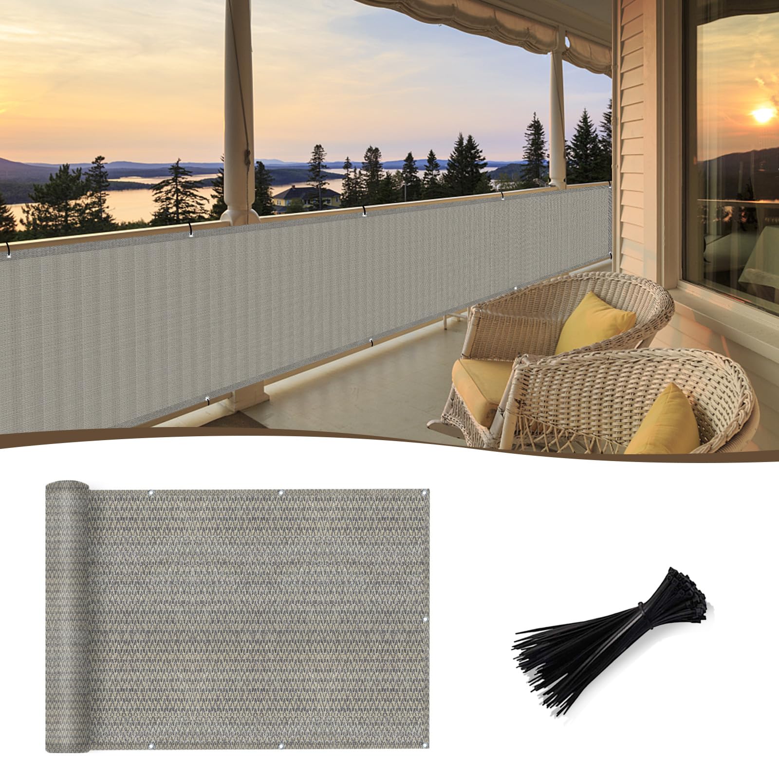 Sunny Guard balcony privacy screen on a railing blocks sightlines while allowing airflow.