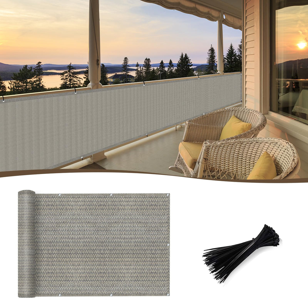 Sunny Guard balcony privacy screen on a railing blocks sightlines while allowing airflow.