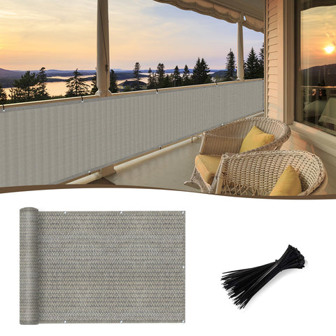 Sunny Guard balcony privacy screen on a railing blocks sightlines while allowing airflow.
