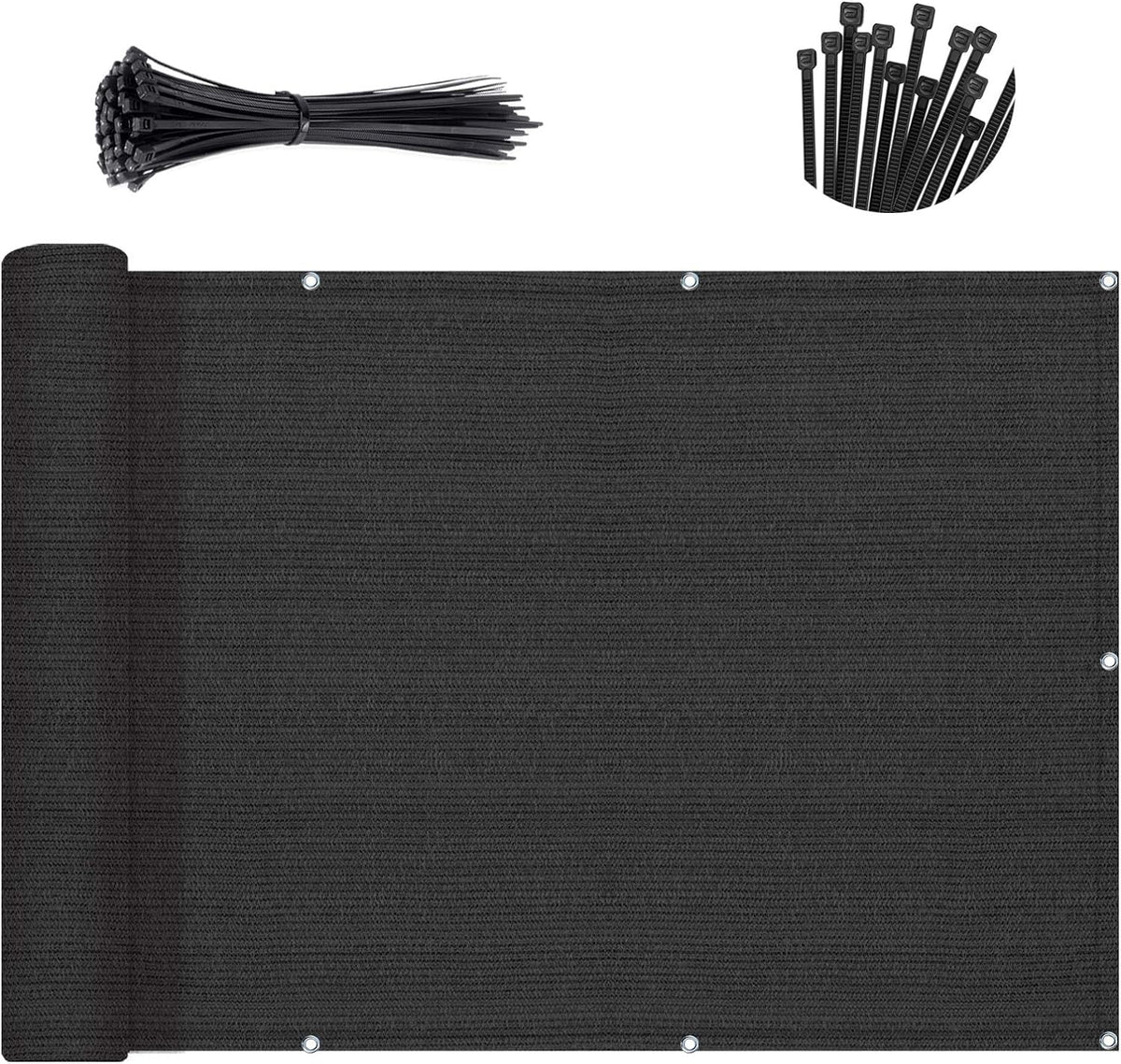 Sunny Guard balcony privacy screen shows UV protection on durable HDPE fabric.