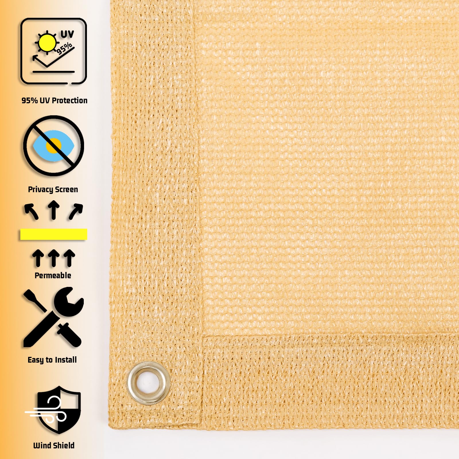 Sunny Guard shade cloth shows copper grommets detail for durable setup.