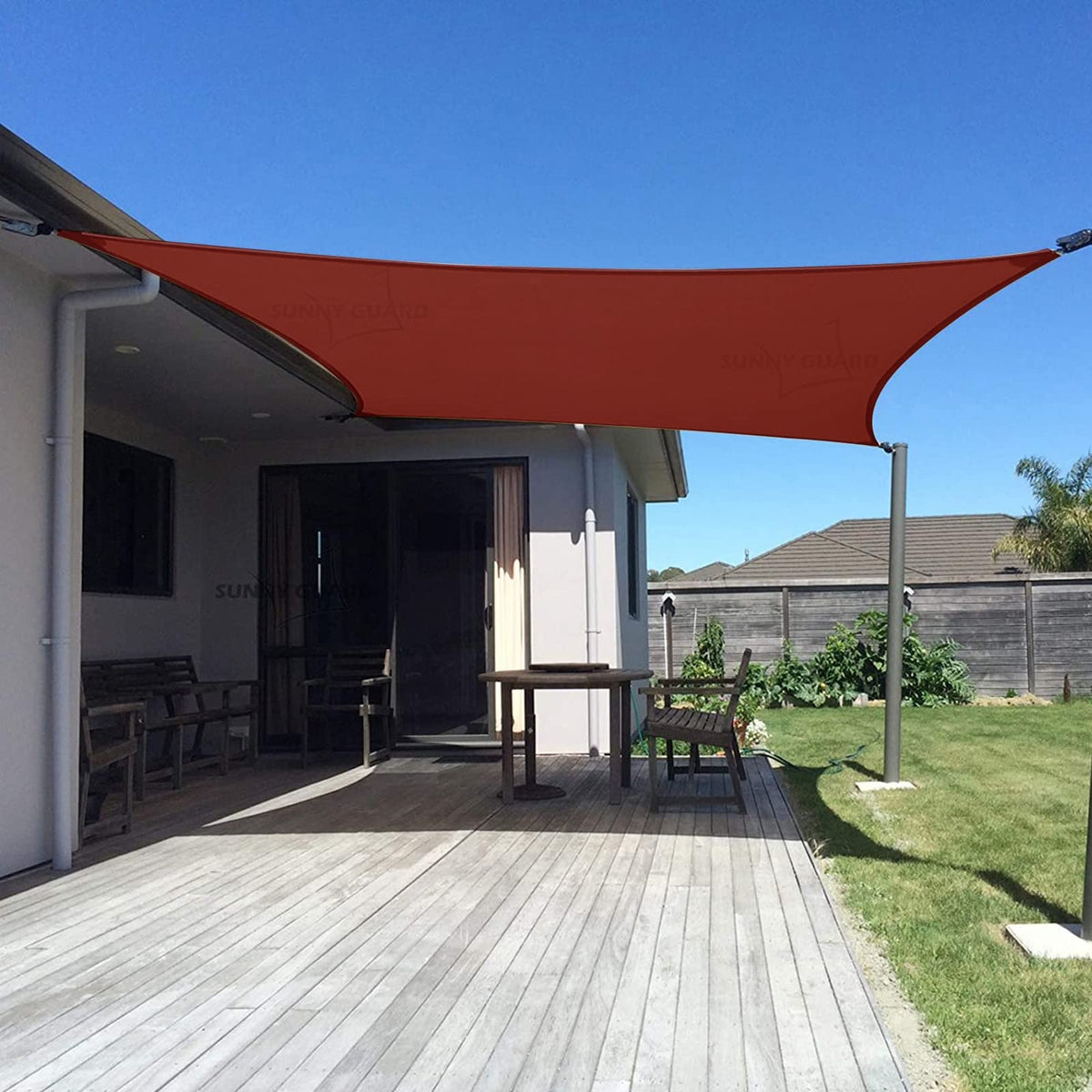 Sunny Guard sun shade sail 10x13 Terra Red front view blocks sun and adds shade