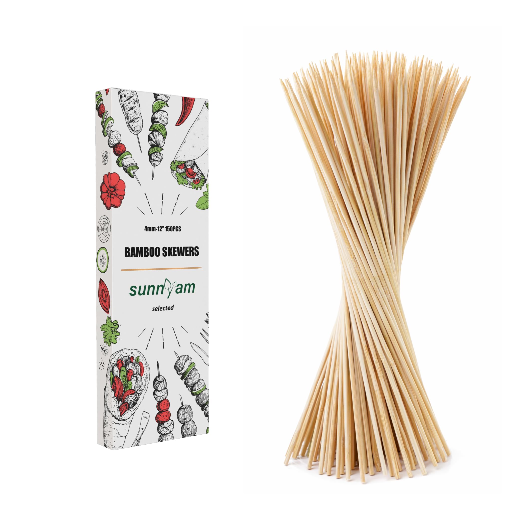 Sunnyam 150pcs 12inch bamboo skewers for grilling with sturdy 4mm diameter