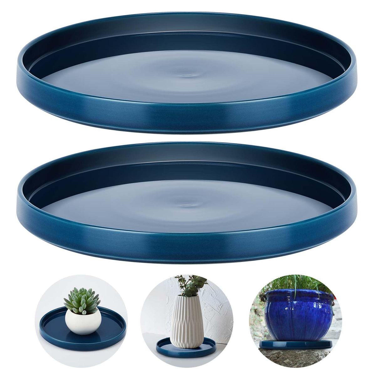 Sunnychicc 10-inch blue glaze ceramic plant saucer protecting surfaces under a pot.