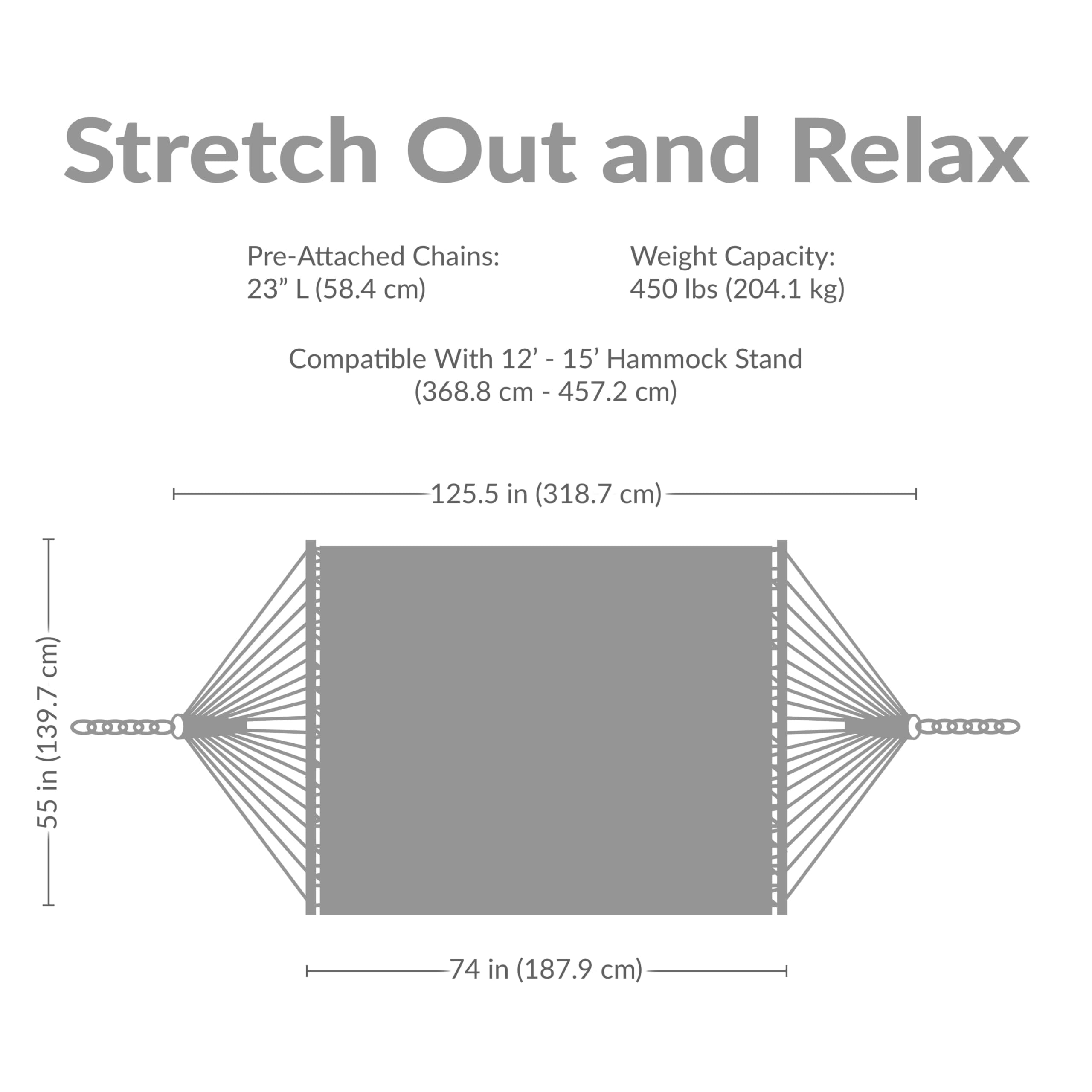Attached chains provide simple hanging between trees or with a stand