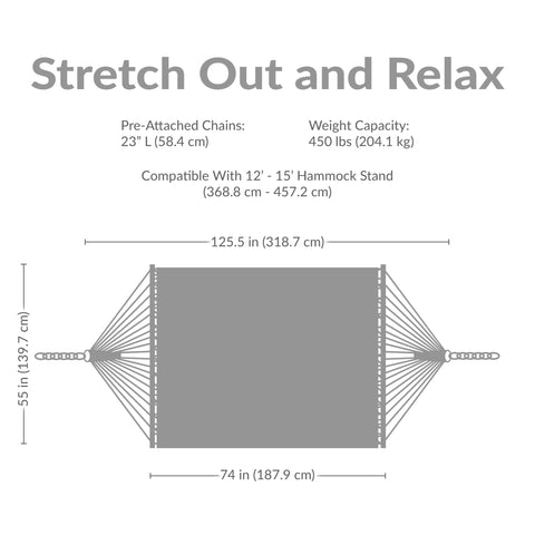 Attached chains provide simple hanging between trees or with a stand