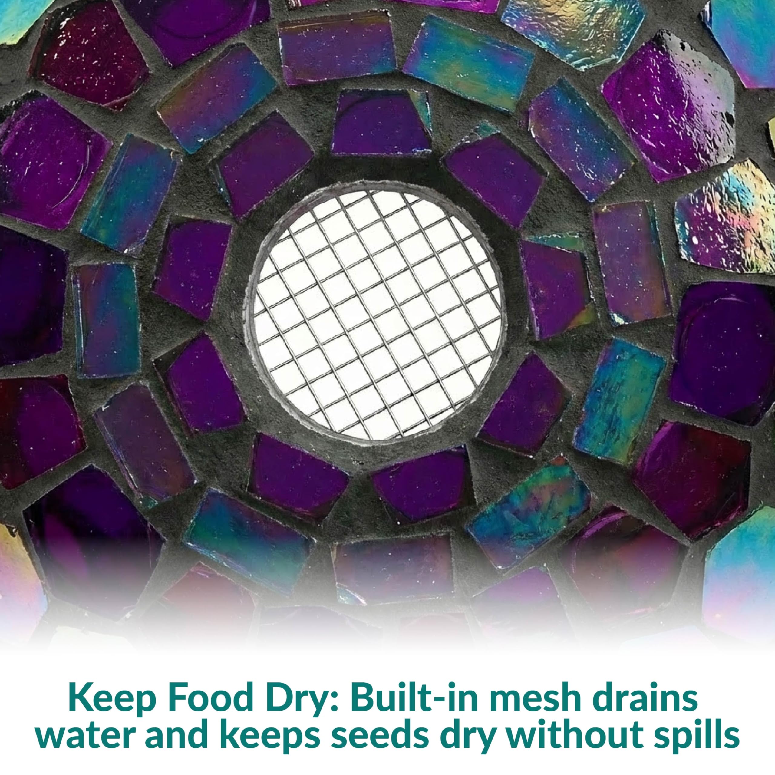 Sunnydaze Fly-through opening on the purple mosaic feeder demonstrates easy seed access.