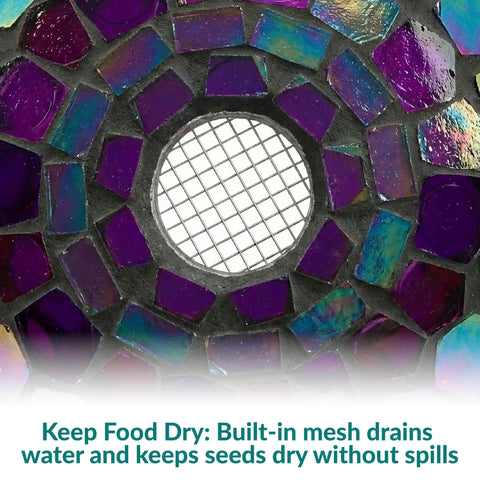 Sunnydaze Fly-through opening on the purple mosaic feeder demonstrates easy seed access.