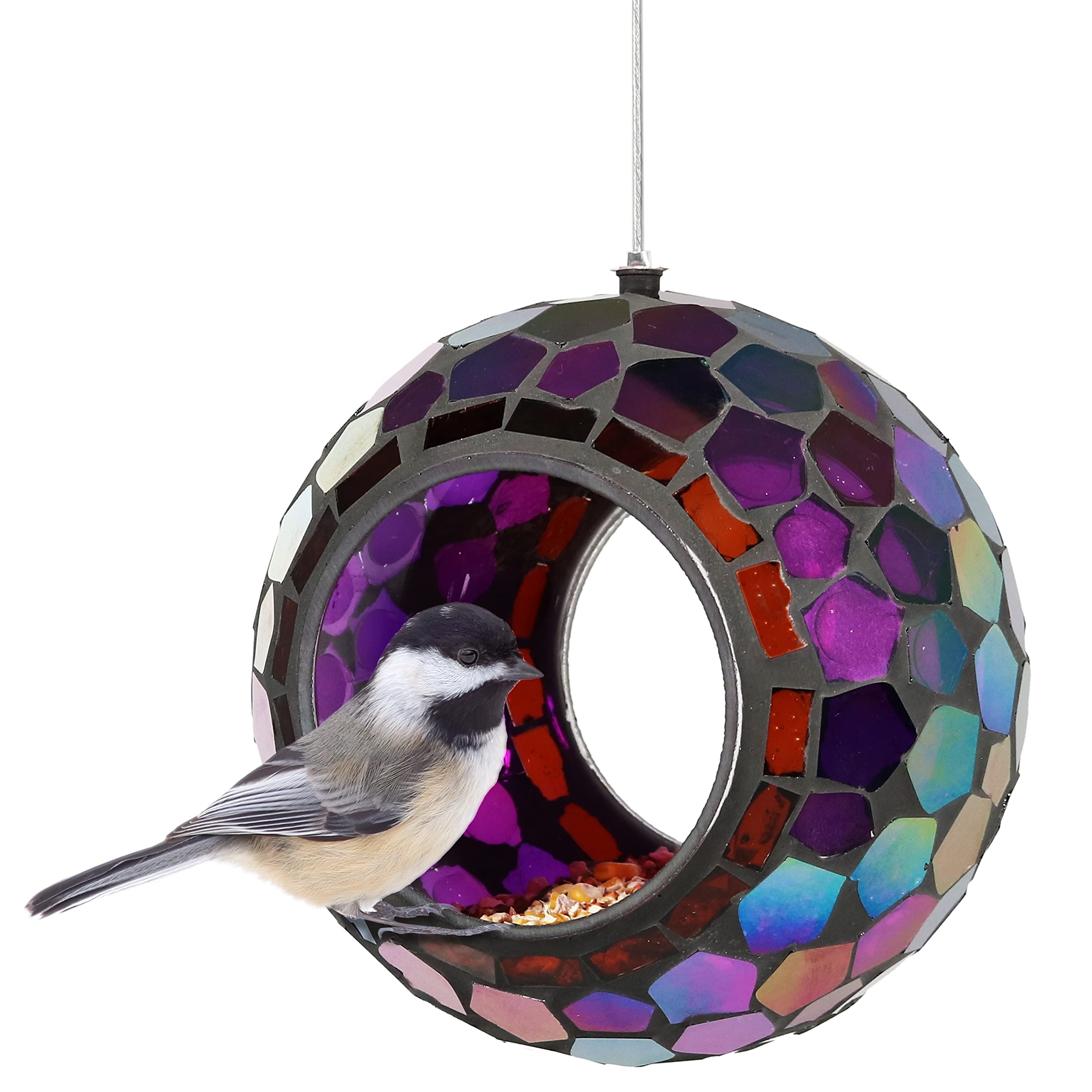 Sunnydaze Glass Mosaic Bird Feeder in iridescent purple front view attracts birds.