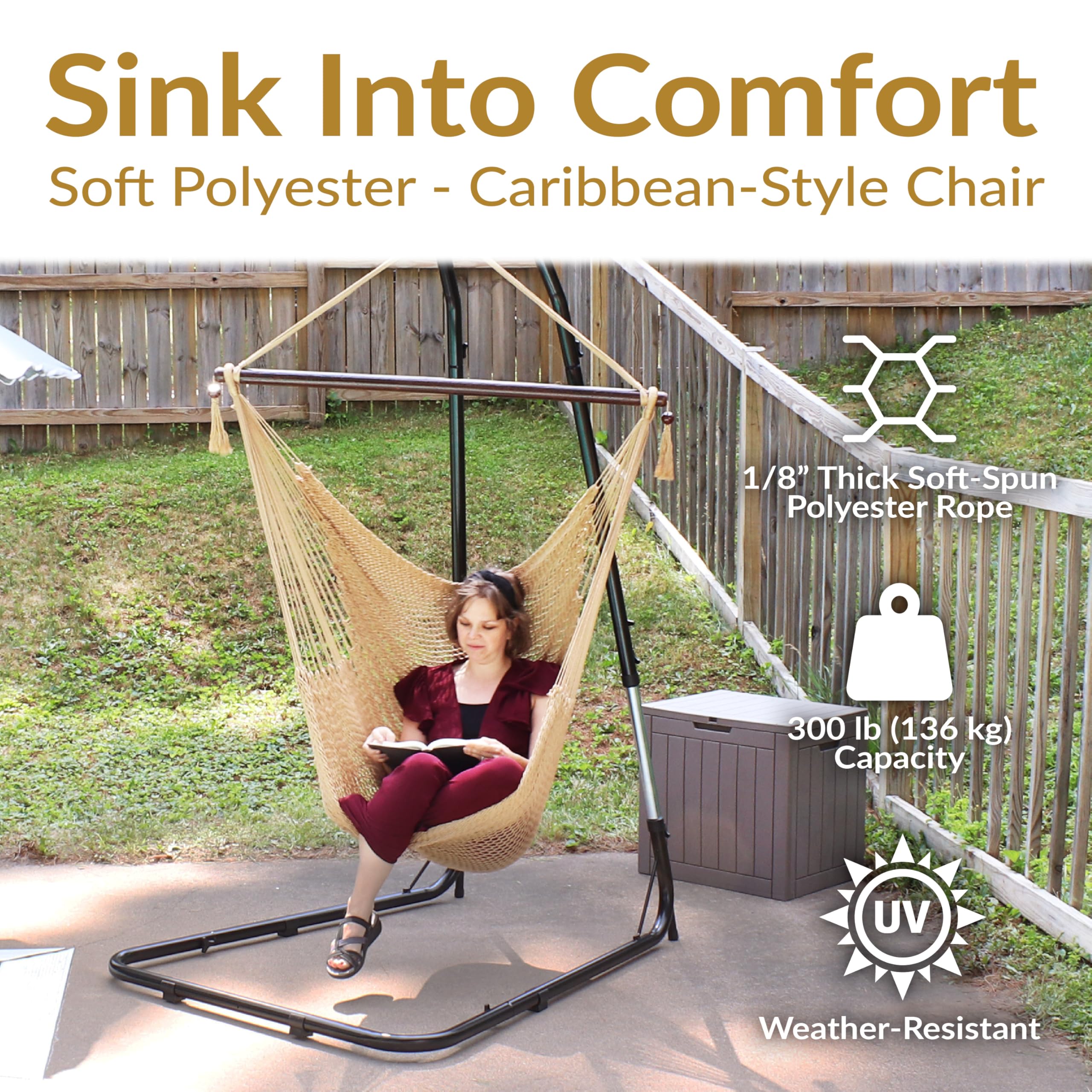 Sunnydaze hammock chair wooden spreader bar close-up showing easy entry