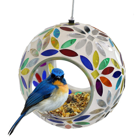 Sunnydaze glass mosaic bird feeder close-up highlights vibrant colors to attract backyard birds.