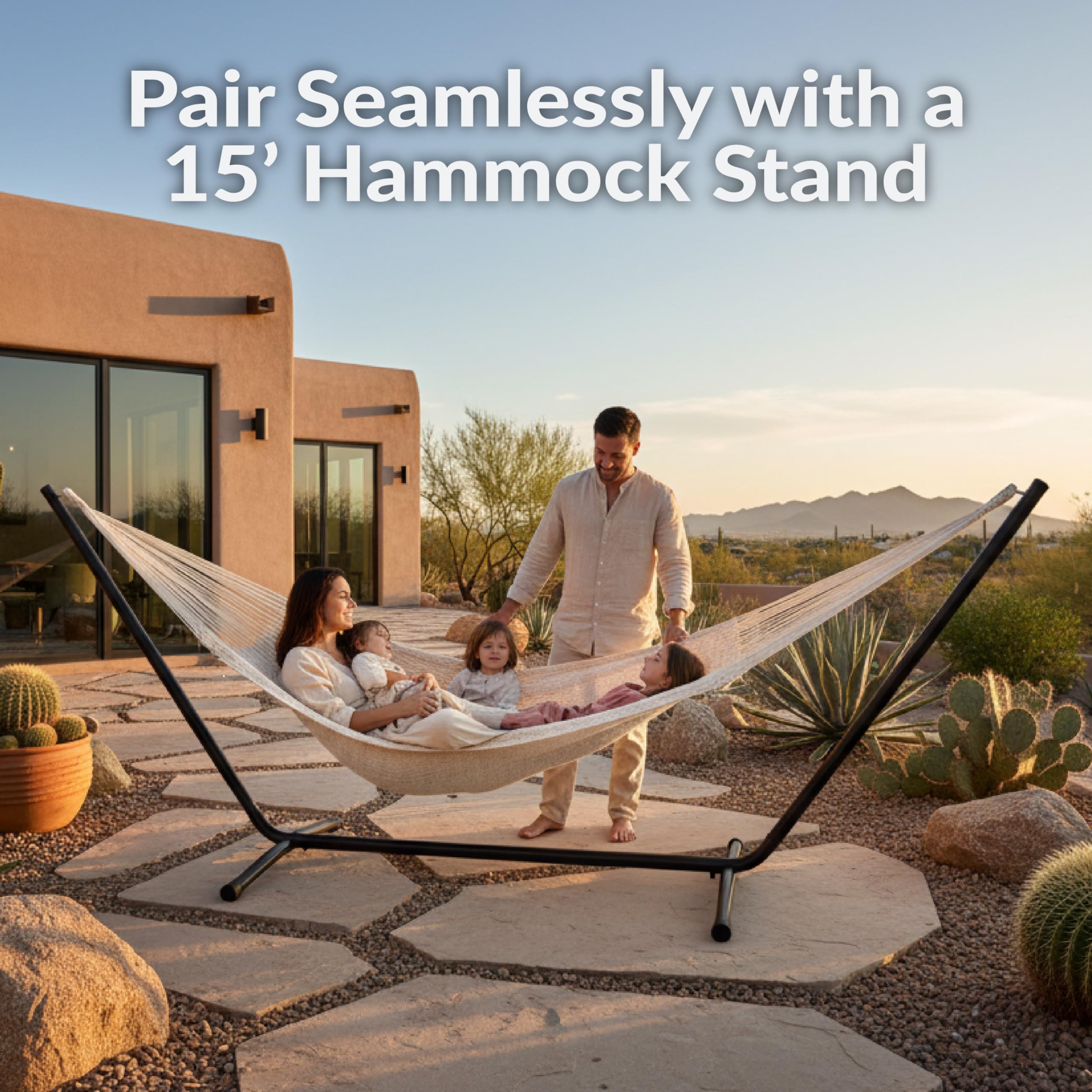Sunnydaze hammock can be hung between trees or on a 15 ft stand.