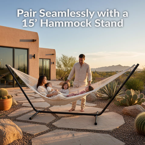 Sunnydaze hammock can be hung between trees or on a 15 ft stand.