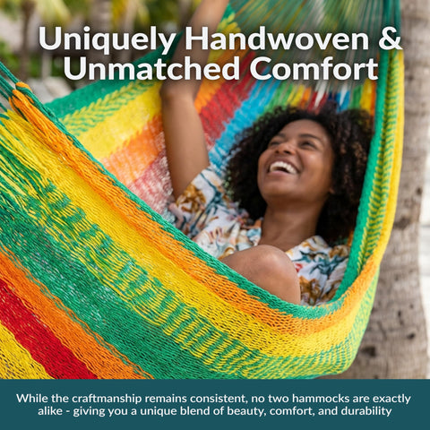Sunnydaze handwoven XXL hammock closeup shows thick cotton cord weave for soft, breathable support.