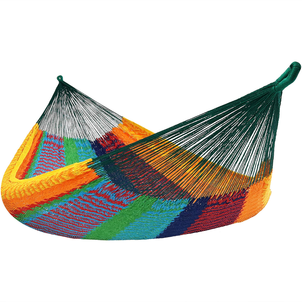 Sunnydaze handwoven XXL hammock in multicolor, ideal for outdoor lounging and family time.