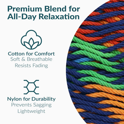 Sunnydaze handwoven XXL hammock on patio adds color and comfort to outdoor spaces.