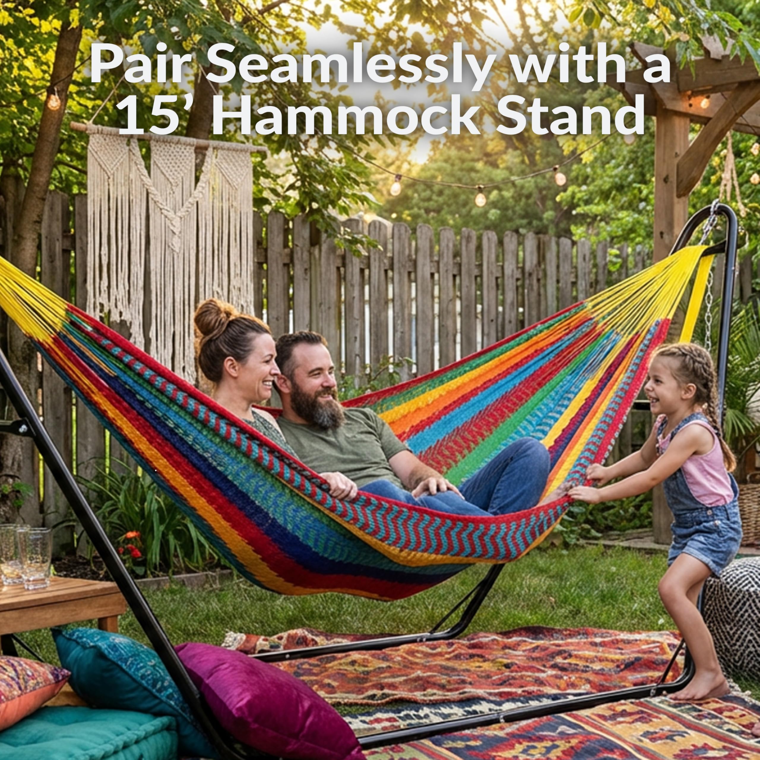 Sunnydaze handwoven XXL hammock hanging between trees for easy backyard relaxation.