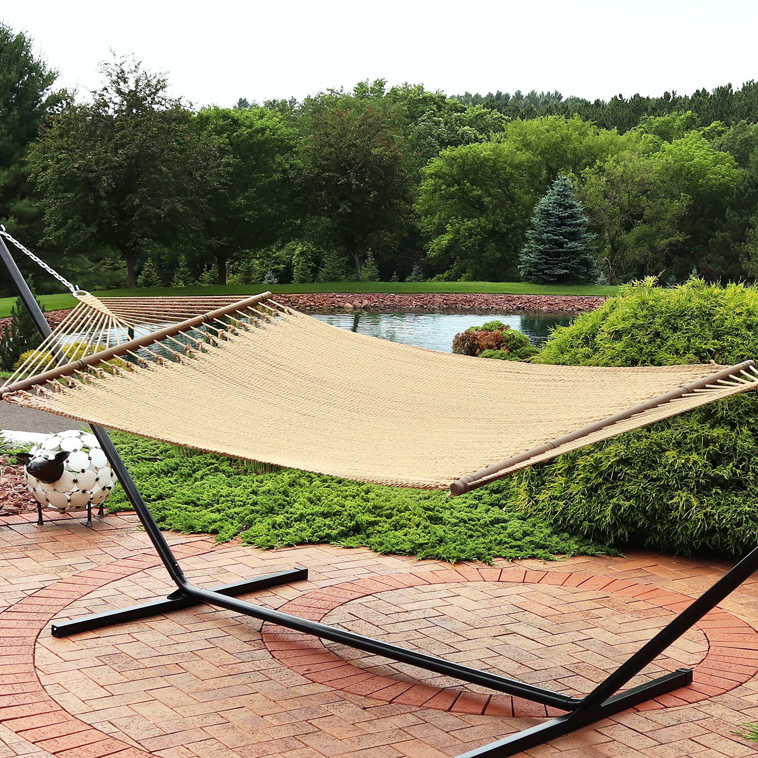 Sunnydaze heavy-duty hammock supports up to 600 pounds for durable outdoor enjoyment.