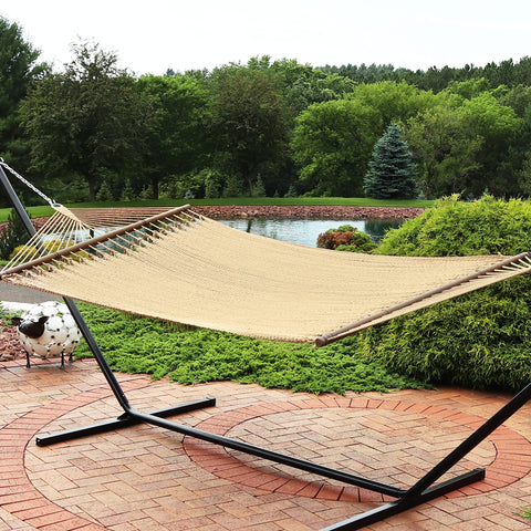 Sunnydaze heavy-duty hammock supports up to 600 pounds for durable outdoor enjoyment.
