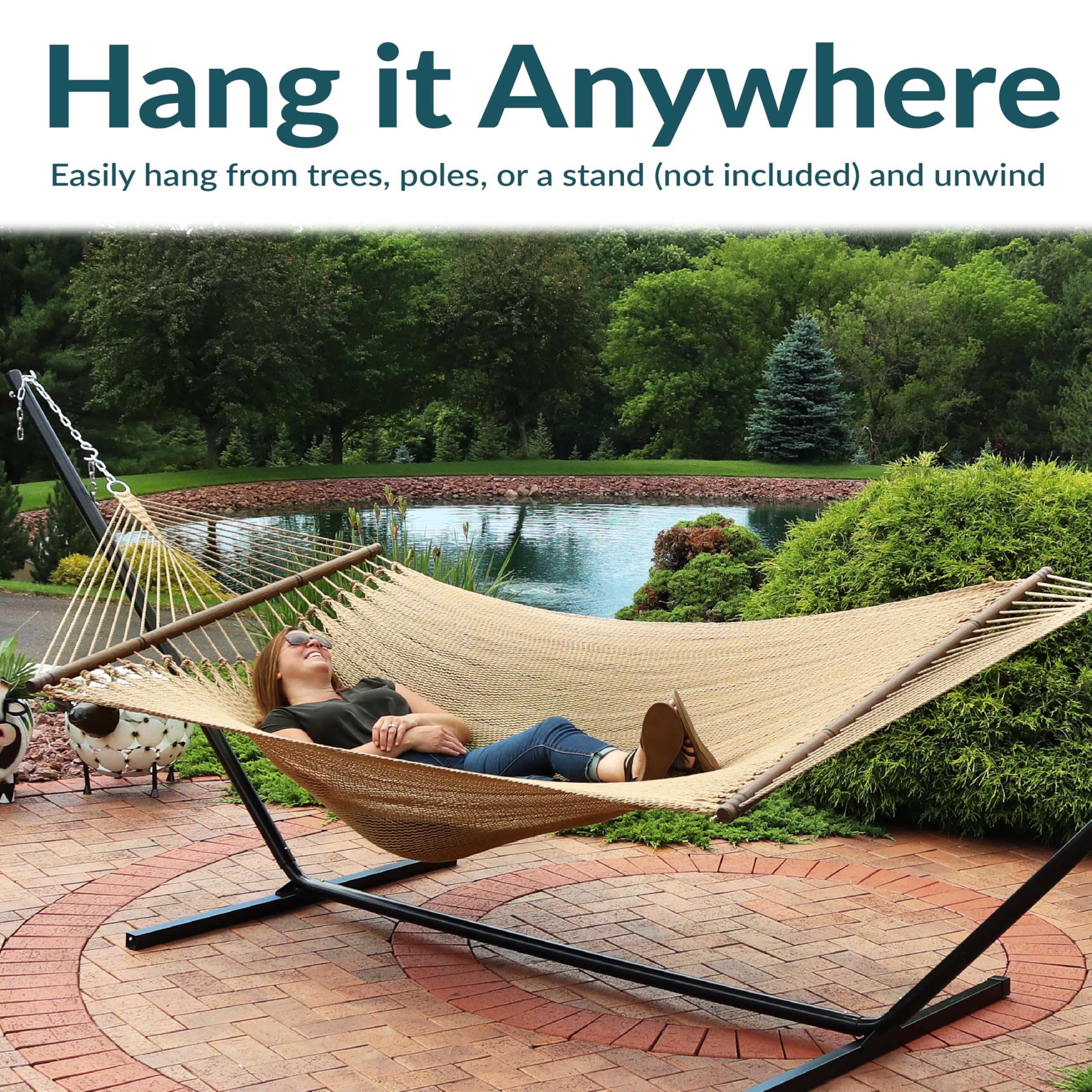Sunnydaze outdoor hammock with stand-ready design for flexible placement.