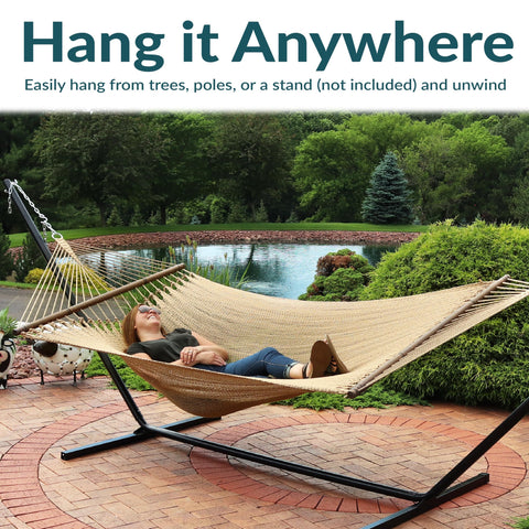 Sunnydaze outdoor hammock with stand-ready design for flexible placement.