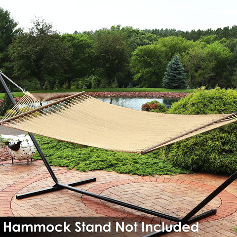 Sunnydaze patio garden hammock offers daily indoor-outdoor comfort in tan.