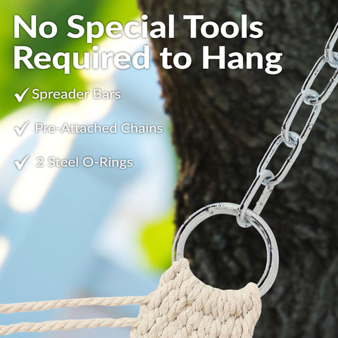 Sunnydaze pre-attached chains simplify hanging between trees or stands