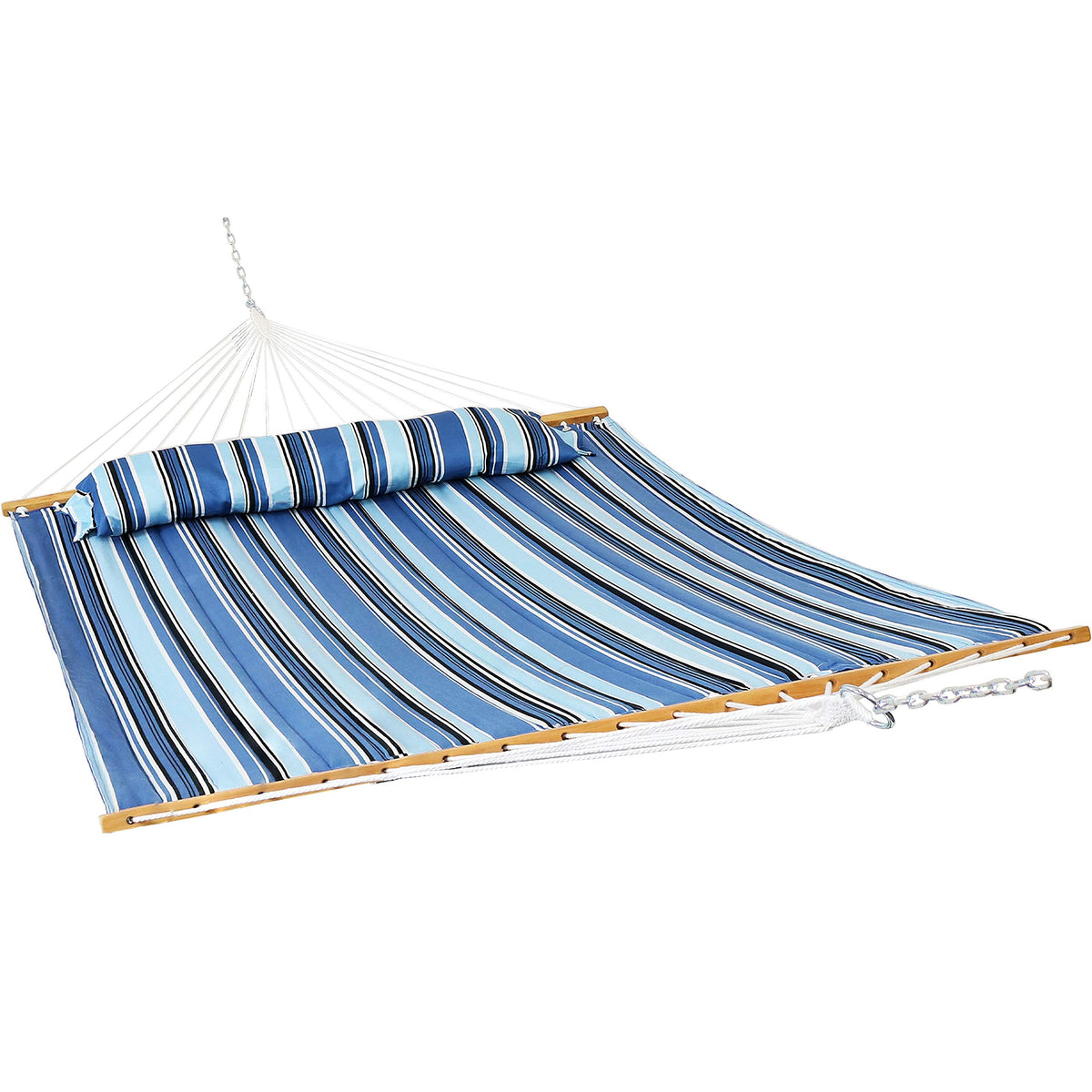Sunnydaze quilted outdoor hammock in Misty Beach pattern ready for two-person lounging.