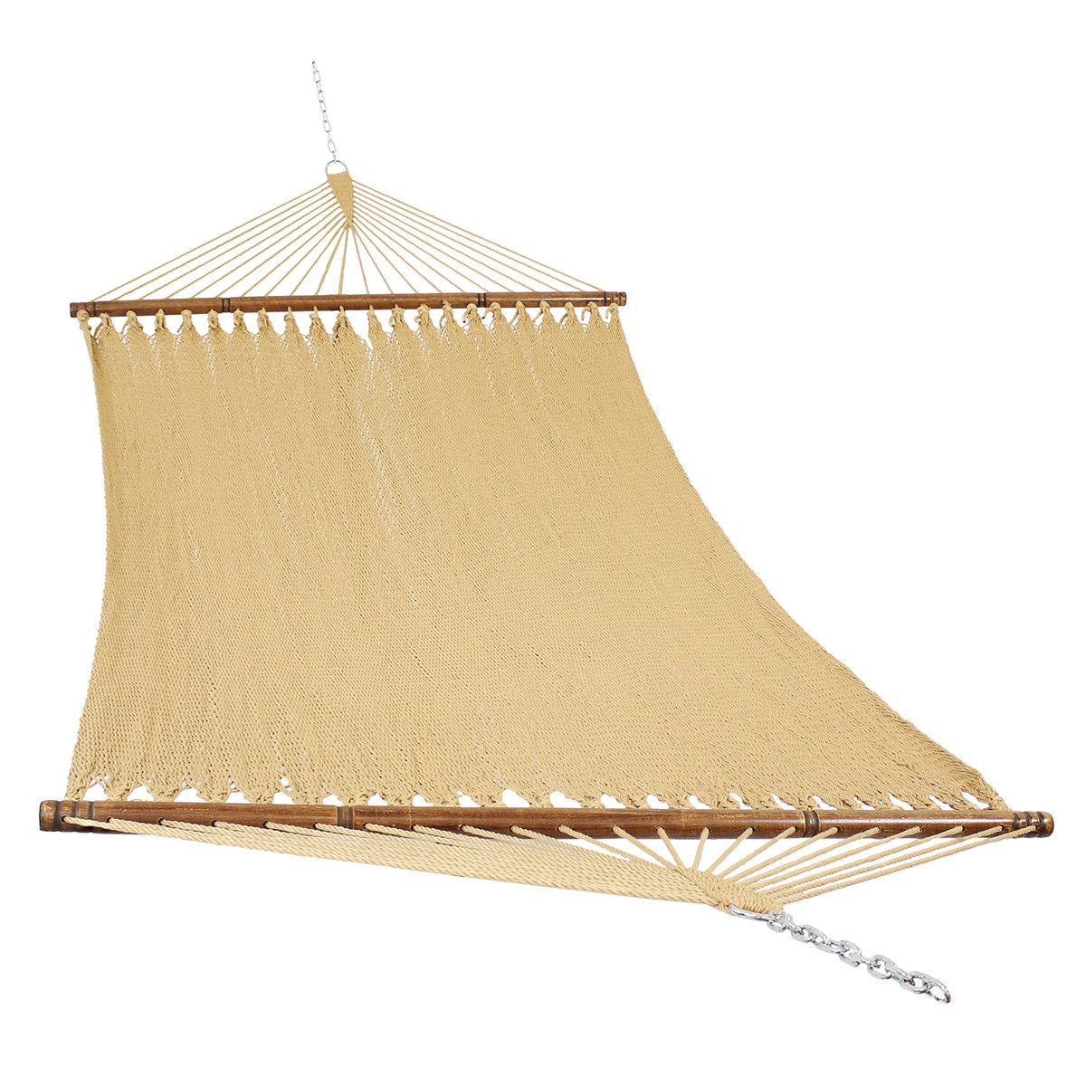 Sunnydaze soft-spun rope double hammock outdoors for two-person lounging in tan.
