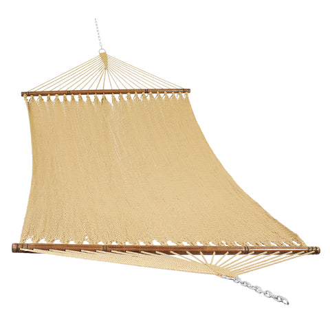 Sunnydaze soft-spun rope double hammock outdoors for two-person lounging in tan.