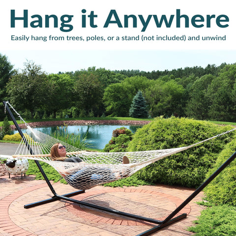 Sunnydaze two-person hammock suited for indoor or outdoor backyard relaxation