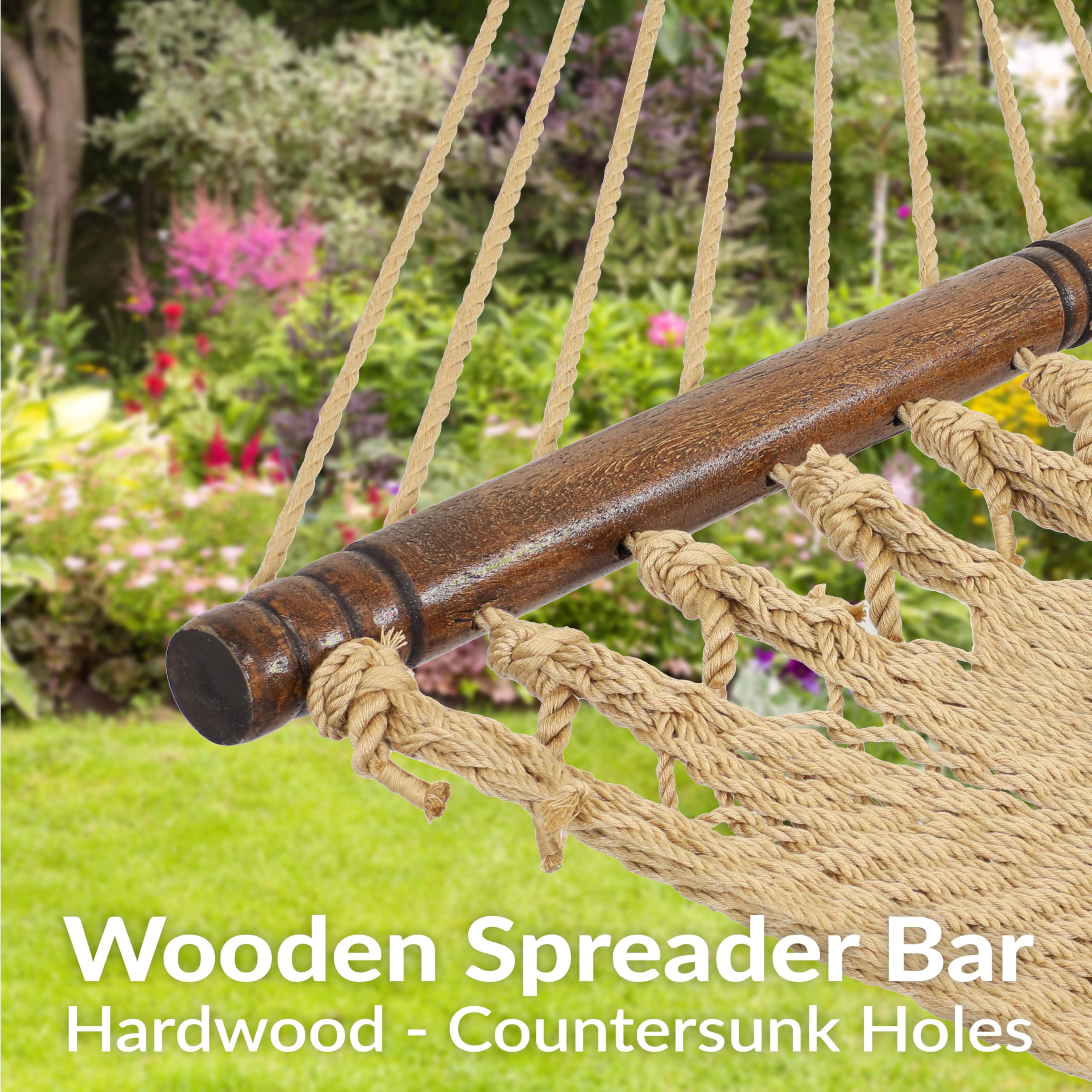 Sunnydaze two-person hammock with spreader bars for stable outdoor relaxation.