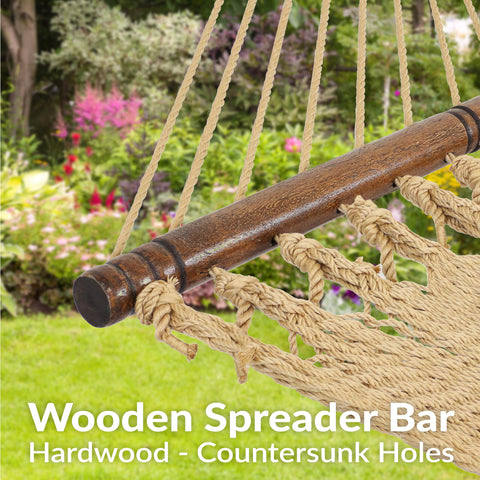 Sunnydaze two-person hammock with spreader bars for stable outdoor relaxation.