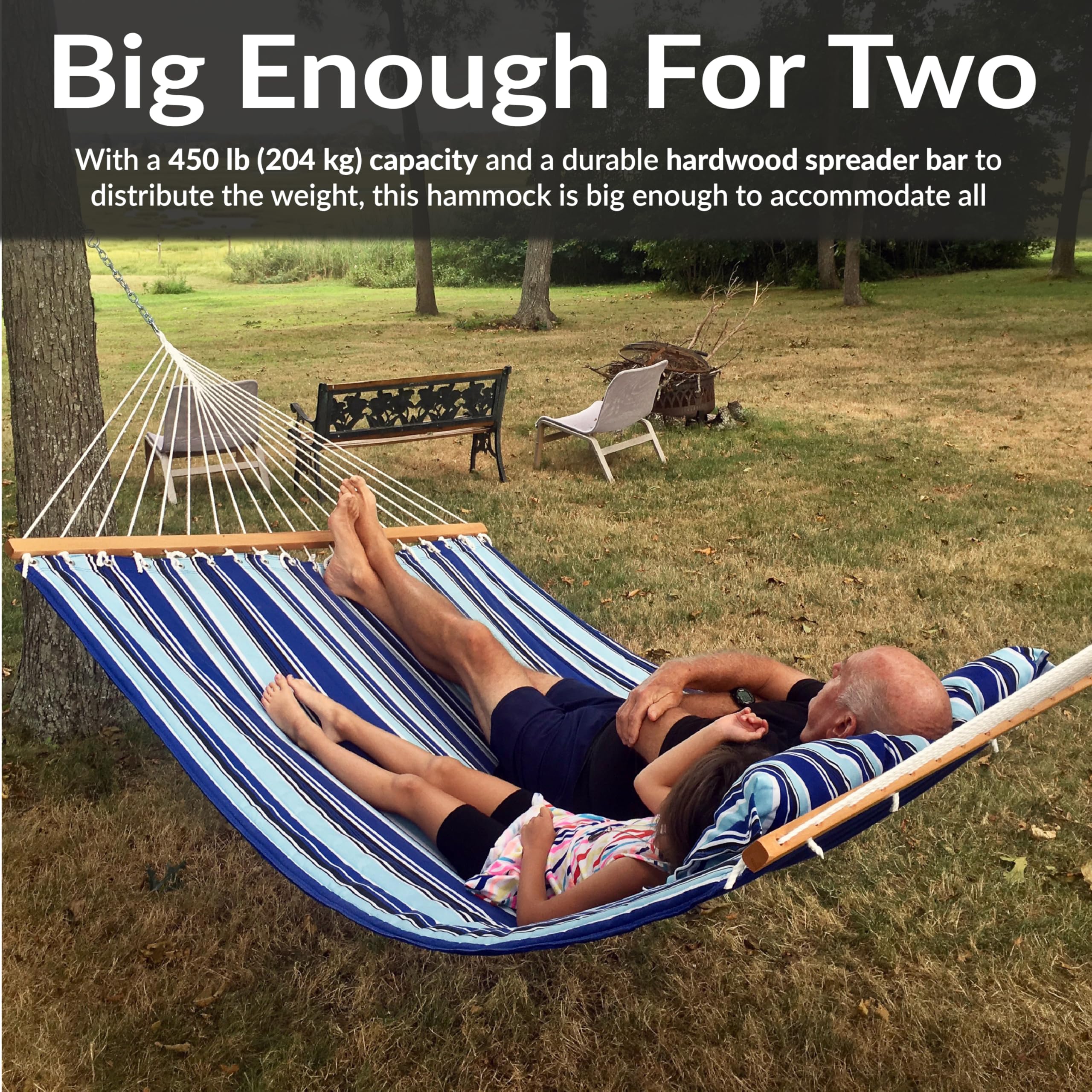 Wooden spreader bars maintain shape and ease entry in the Sunnydaze hammock